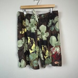 Quiksilver Edition Mens Brown Green Floral Hibiscus Board Shorts Size 34